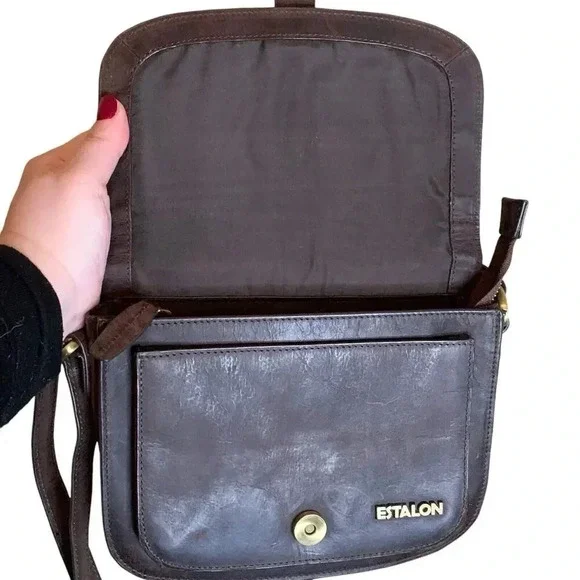 Estalon Brown Leather Multi Pocket Crossbody Travel Purse Sling Saddle Satchel - Picture 9 of 12